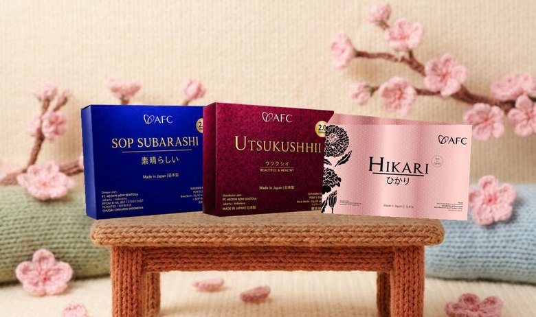 Tiga kemasan asli AFC: SOP Subarashi, Utsukushhii dan Hikari